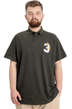 Mode XL Büyük Beden Erkek T-shirt Polo Yaka THREE 23334 Haki