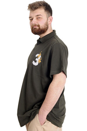 Mode XL Büyük Beden Erkek T-shirt Polo Yaka THREE 23334 Haki