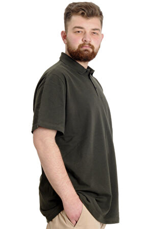Mode XL Büyük Beden Erkek T-shirt Polo Yaka THREE 23334 Haki