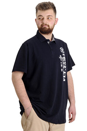 Mode XL Büyük Beden Erkek T-shirt Polo Parçalı FLT 23329 Lacivert