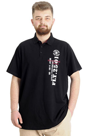 Mode XL Büyük Beden Erkek T-shirt Polo Parçalı FLT 23329 Siyah