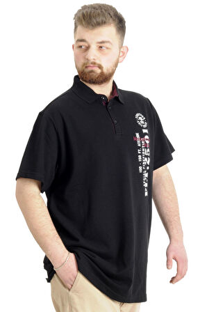Mode XL Büyük Beden Erkek T-shirt Polo Parçalı FLT 23329 Siyah