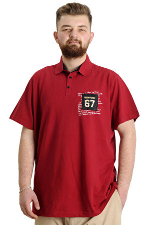 Mode XL Büyük Beden Erkek T-shirt Polo Parçalı NYC 23332 Bordo