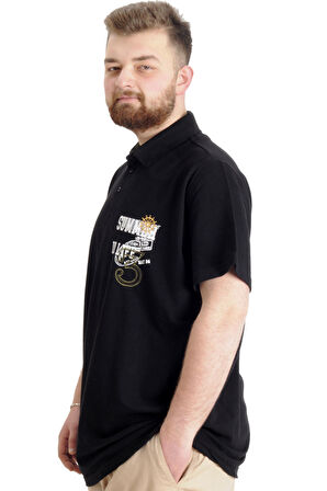 Mode XL Büyük Beden Erkek T-shirt Polo Parçalı SUMMER 23331 Siyah