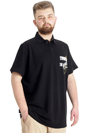 Mode XL Büyük Beden Erkek T-shirt Polo Parçalı SUMMER 23331 Siyah