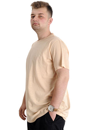 Mode XL Büyük Beden Erkek Tshirt Bisiklet Yaka Basic 20031 Bej