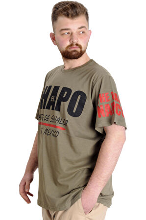 Mode XL Büyük Beden Erkek T-shirt EL CHAPO 23154 Haki