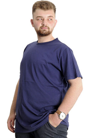 Mode XL Büyük Beden Erkek T-shirt Bisiklet Yaka Basic 23035 Açık Lacivert