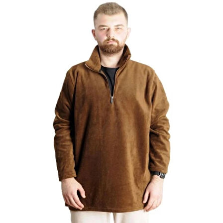  Mode XL Erkek Sweat Polo Yaka Yarım Fermuarlı Polar 22548 Kahverengi