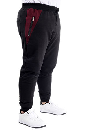 Mode XL Büyük Beden Erkek Garnili Eşofman Altı 3 İplik 23519 Siyah-Mürdüm