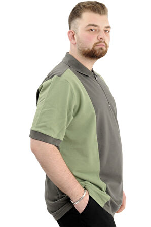 Mode XL Büyük Beden Erkek T-Shirt Polo Yaka Renk Bloklu U24327 Haki