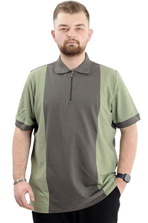 Mode XL Büyük Beden Erkek T-Shirt Polo Yaka Renk Bloklu U24327 Haki