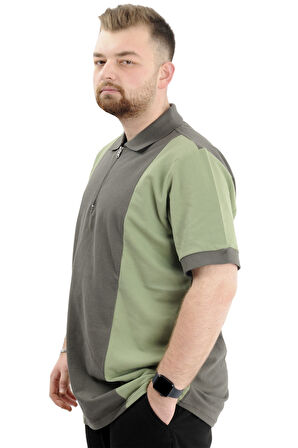 Mode XL Büyük Beden Erkek T-Shirt Polo Yaka Renk Bloklu U24327 Haki