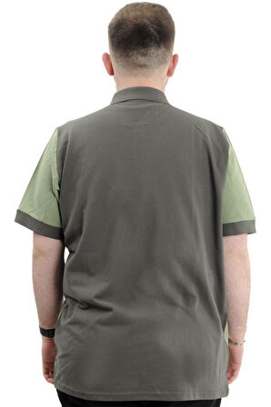 Mode XL Büyük Beden Erkek T-Shirt Polo Yaka Renk Bloklu U24327 Haki