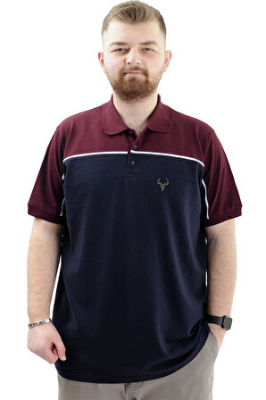 Mode XL Büyük Beden Erkek T-Shirt Polo Yaka Renk Bloklu DEER U24324 Lacivert