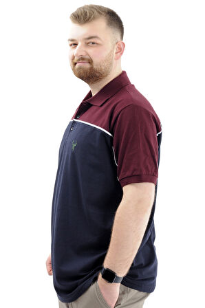 Mode XL Büyük Beden Erkek T-Shirt Polo Yaka Renk Bloklu DEER U24324 Lacivert