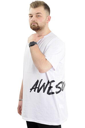 Mode XL Büyük Beden Erkek Bisiklet Yaka T-Shirt Baskılı AWESOME U24038 Beyaz