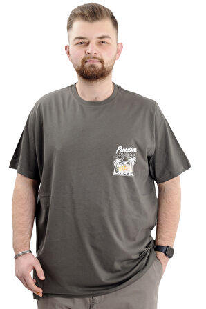 Mode XL Büyük Beden Erkek Baskılı T-Shirt Bisiklet Yaka FREEDOM U24030 Haki