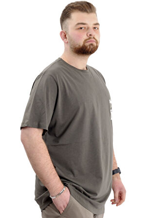 Mode XL Büyük Beden Erkek Baskılı T-Shirt Bisiklet Yaka FREEDOM U24030 Haki