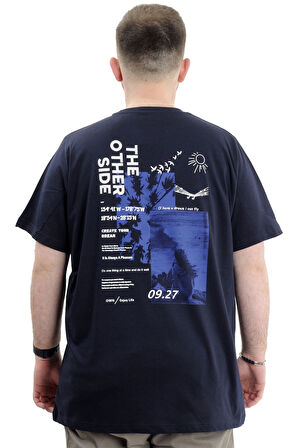 Mode XL Battal Beden Erkek Tişört Bisiklet Yaka Baskılı THE OTHER SIDE U24039 Lacivert