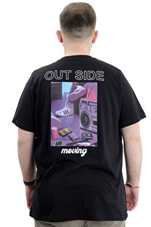 Mode XL Battal Beden Erkek Tişört Bisiklet Yaka Baskılı OUT SIDE U24041 Siyah