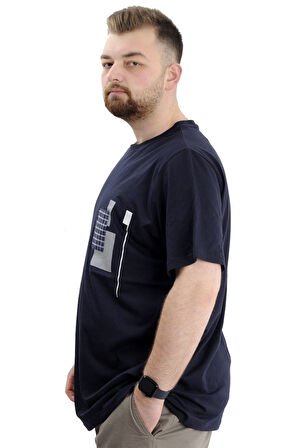 Mode XL Büyük Beden Erkek Bisiklet Yaka T-Shirt Baskılı GARNILI U24045 Lacivert