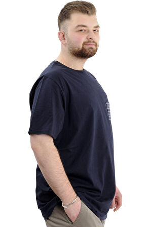 Mode XL Büyük Beden Erkek Bisiklet Yaka T-Shirt Baskılı GARNILI U24045 Lacivert