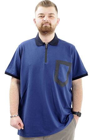 Mode XL Büyük Beden Erkek T-Shirt Fermuarlı Polo Yaka Cepli U24325 İndigo