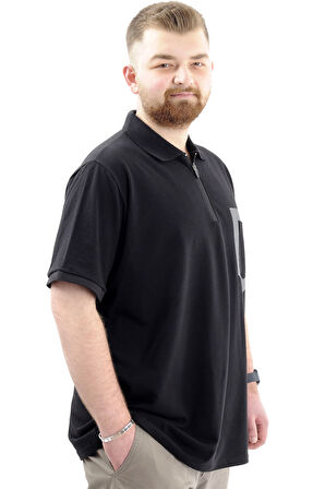 Mode XL Büyük Beden Erkek T-Shirt Fermuarlı Polo Yaka Cepli U24325 Siyah