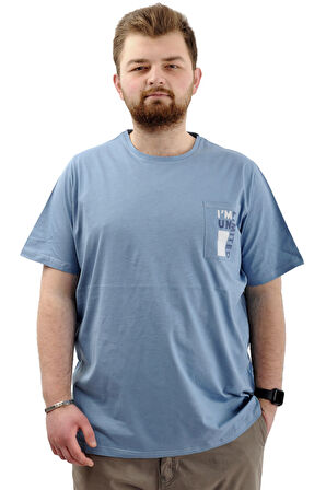 Mode XL Erkek Büyük Beden T-Shirt Pamuklu Baskılı Bisiklet Yaka Tişört LIMITED U24052 Mavi