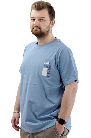 Mode XL Erkek Büyük Beden T-Shirt Pamuklu Baskılı Bisiklet Yaka Tişört LIMITED U24052 Mavi