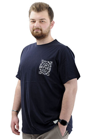 Mode XL Büyük Beden Erkek Tişört Bisiklet Yaka Baskılı Cep Detaylı T-Shirt REFUEL U24053 Lacivert