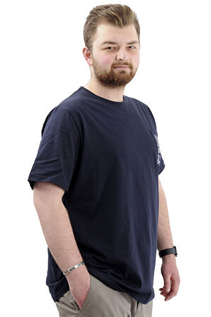 Mode XL Büyük Beden Erkek Tişört Bisiklet Yaka Baskılı Cep Detaylı T-Shirt REFUEL U24053 Lacivert