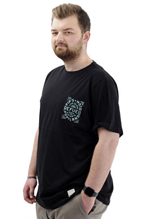Mode XL Büyük Beden Erkek Tişört Bisiklet Yaka Baskılı Cep Detaylı T-Shirt REFUEL U24053 Siyah