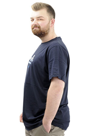 Mode XL Büyük Beden Erkek T-Shirt Bisiklet Yaka Baskılı FRESH U24059 Lacivert