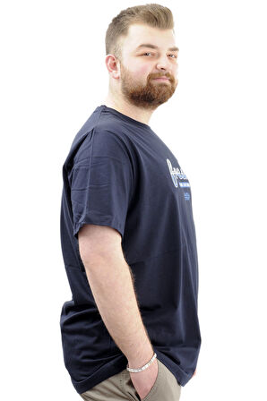 Mode XL Büyük Beden Erkek T-Shirt Bisiklet Yaka Baskılı FRESH U24059 Lacivert