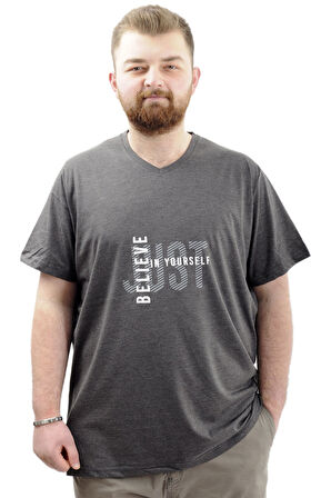 Mode XL Büyük Beden Erkek T-Shirt V Yaka Baskılı BELIEVE U24054 Antrasit