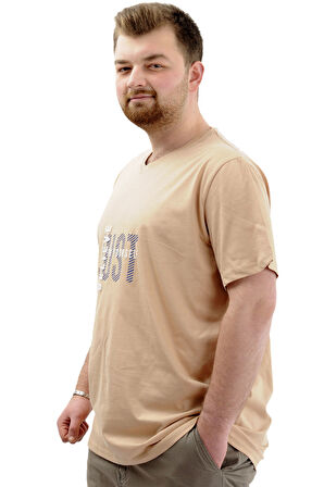 Mode XL Büyük Beden Erkek T-Shirt V Yaka Baskılı BELIEVE U24054 Bej