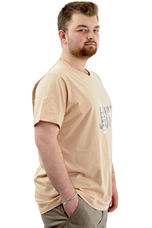Mode XL Büyük Beden Erkek T-Shirt V Yaka Baskılı BELIEVE U24054 Bej