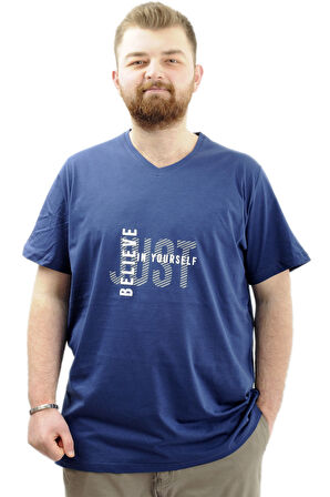 Mode XL Büyük Beden Erkek T-Shirt V Yaka Baskılı BELIEVE U24054 İndigo
