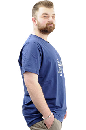 Mode XL Büyük Beden Erkek T-Shirt V Yaka Baskılı BELIEVE U24054 İndigo