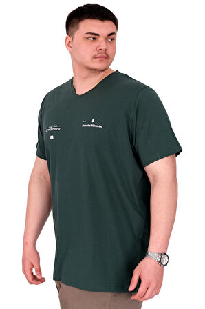 Mode XL Büyük Beden Erkek T-Shirt V Yaka MEMORIES U24055 Nefti