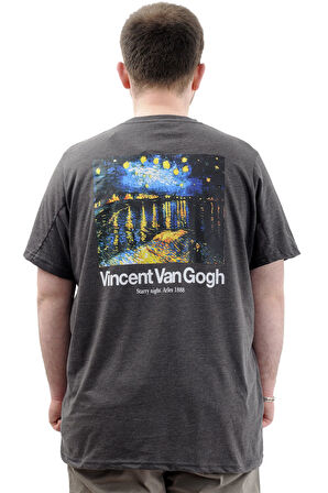 Mode XL Büyük Beden Baskılı Erkek T-Shirt Bisiklet Yaka VAN GOGH U24040 Antrasit