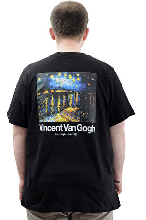 Mode XL Büyük Beden Baskılı Erkek T-Shirt Bisiklet Yaka VAN GOGH U24040 Siyah
