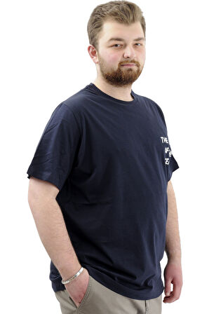 Mode XL Büyük Beden Erkek Tişört Baskılı Pamuklu Bisiklet Yaka T-Shirt TOUCH U24067 Lacivert