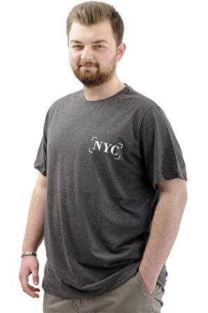 Mode XL Büyük Beden Erkek Tişört Baskılı Pamuklu Bisiklet Yaka T-Shirt NYC U24068 Antramelanj