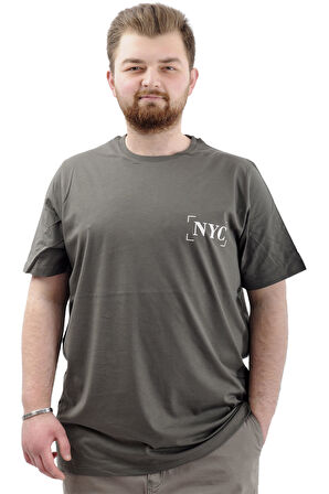Mode XL Büyük Beden Erkek Tişört Baskılı Pamuklu Bisiklet Yaka T-Shirt NYC U24068 Haki