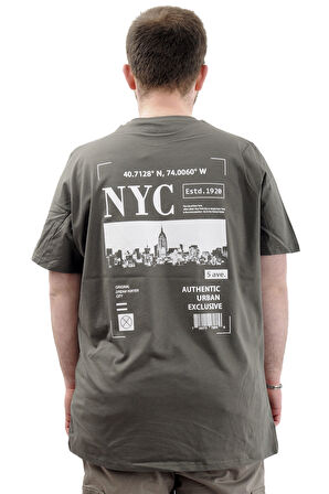 Mode XL Büyük Beden Erkek Tişört Baskılı Pamuklu Bisiklet Yaka T-Shirt NYC U24068 Haki