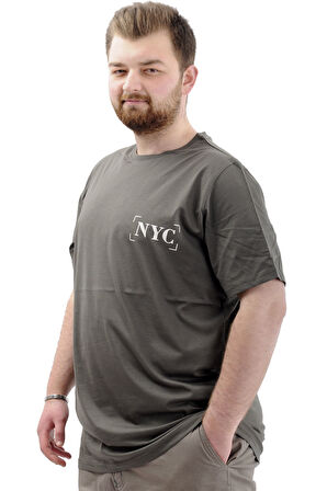 Mode XL Büyük Beden Erkek Tişört Baskılı Pamuklu Bisiklet Yaka T-Shirt NYC U24068 Haki