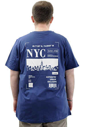 Mode XL Büyük Beden Erkek Tişört Baskılı Pamuklu Bisiklet Yaka T-Shirt NYC U24068 İndigo